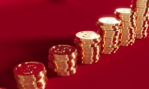 a series of stacks of gold coins on a red background