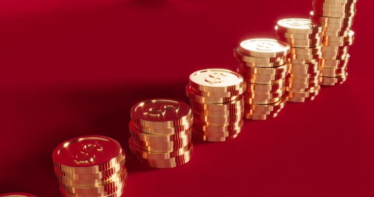 a series of stacks of gold coins on a red background