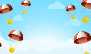 a series of coins falling in the sky with parachutes attached to them