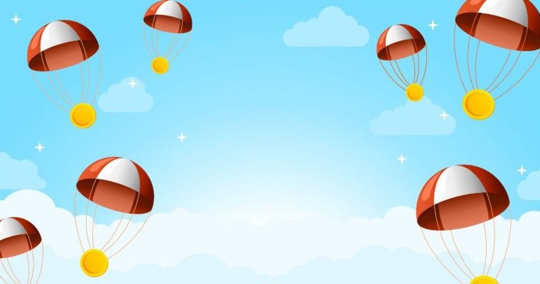 a series of coins falling in the sky with parachutes attached to them