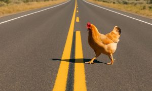 a chicken crossing a road
