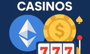Futuristic digital casino with Ethereum logo, glowing slot machine, and crypto wallet icons – representing ETH gambling platforms in 2025.