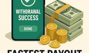 Featured image for "Fastest Payout Sportsbooks" showing a smartphone with a “Withdrawal Success” message, stacks of cash, and gold coins symbolizing instant payouts.