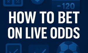 Featured image with bold text “How to Bet on Live Odds” surrounded by sports betting icons like odds, calculator, and soccer ball on a dark blue background.
