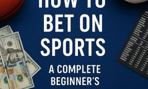 Featured image with bold centered text reading ‘How to Bet on Sports: A Complete Beginner’s Guide’ on a dark blue background, with a basketball, soccer ball, football, cash, and betting odds slip around the edges.
