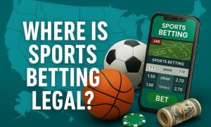 US state map background with sports betting icons including a smartphone, betting slip, and football, centered text reading "Legal Sports Betting States Guide