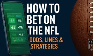Centered text graphic showing 'How to Bet on the NFL' with a football field background, smartphone displaying betting odds, and a football beside it.