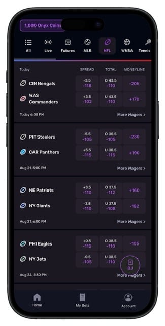 Onyx Odds NFL betting page showing player props and picks