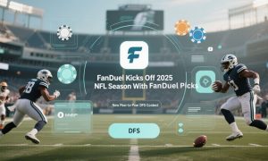 Football Field with Two Players Facing Head-to-Head and Floating Casino Chips with FanDuel Logo
