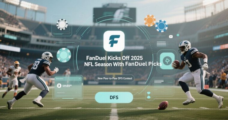 Football Field with Two Players Facing Head-to-Head and Floating Casino Chips with FanDuel Logo