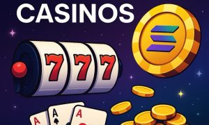 Digital illustration featuring the Solana (SOL) crypto logo surrounded by casino-themed elements like playing cards, roulette wheels, and glowing slot icons, symbolizing fast, low-fee blockchain gambling platforms.