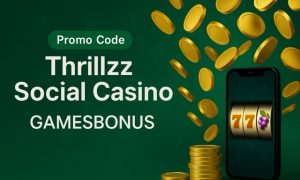 Thrillzz Social Casino promo code GAMESBONUS with gold coins falling around a smartphone slot machine display on a green background.
