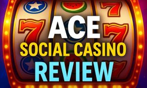 ACE Social Casino Review featured image with colorful slot reels, glowing coins, and bold title text in the center on a red, white, and blue background.
