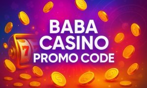 Centered “Baba Casino Promo Code” headline over a bright neon gradient with slot reels, casino chips, and flying gold coins.
