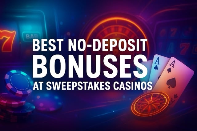 No-deposit sweepstakes casino bonuses title centered over vibrant casino scene with slot reels, roulette wheel, chips, and two aces.