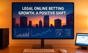 Computer with Cityscape Background Reads: "Legal Online Betting Growth: A Positive Shift"
