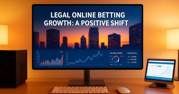 Computer with Cityscape Background Reads: "Legal Online Betting Growth: A Positive Shift"