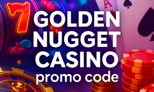 Bright casino-themed background with slot reels, poker chips, and cards, featuring centered text that reads “Golden Nugget Casino promo code.”