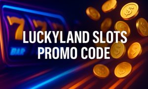 LuckyLand Slots Promo Code review banner with bold centered text and modern casino-inspired background featuring slot reels, glowing coins, and abstract light effects