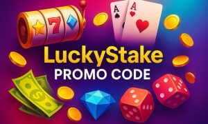 Bright casino-themed graphic with the centered text “LuckyStake Promo Code,” featuring bold imagery of slot reels, cards, dice, and money against a vibrant, colorful background.