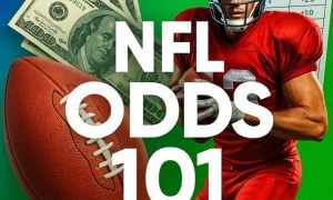 NFL Odds 101 graphic with football player, betting slip, football, and cash in the background.
