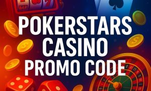 Bright promotional graphic with the text “PokerStars Casino Promo Code” centered over a colorful casino background featuring cards, dice, roulette, and coins.