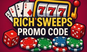 Rich Sweeps Promo Code graphic with slot machine, playing cards, dice, and poker chips in bold vibrant colors