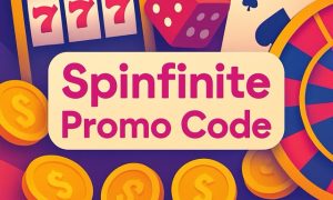 Vibrant casino-themed graphic with bold gold text “Spinfinite Promo Code” centered over slot reels, dice, cards, and coins.