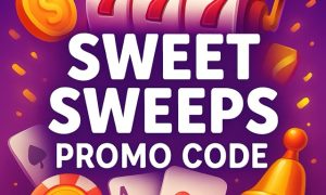 Bright casino-themed background with colorful slot reels and chips, centered text reading “Sweet Sweeps Promo Code."