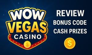 Featured image for WOW Vegas Casino review with bold WOW Vegas Casino logo, golden coins, and text highlighting review, bonus code, and cash prizes.