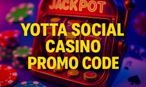 Bright casino-themed graphic with slot machines, roulette wheel, and poker chips in the background, featuring centered text that reads “Yotta Social Casino Promo Code.”
