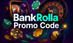 BankRolla promo code banner with purple, black, and gold casino-themed background showing slot reels, coins, and teal highlights.