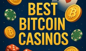 Golden Bitcoin coins, poker chips, dice, and playing cards surround bold yellow text reading “Best Bitcoin Casinos” on a dark blue background.