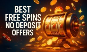 Glowing slot machine surrounded by gold coins, casino chips, and sparkles with bold text overlay reading “Best Free Spins No Deposit Offers.”