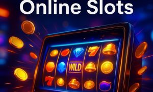 Modern online slot machine interface with glowing reels, jackpot symbols, and golden coins bursting across a vibrant digital background.