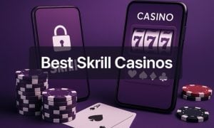 Horizontal featured image showing a smartphone displaying casino games surrounded by poker chips, slot reels, and digital wallet visuals in purple and white tones with the text “Best Skrill Casinos.”