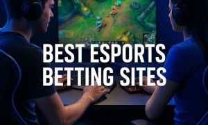 Two gamers, one male and one female, sit side by side facing a large screen showing League of Legends gameplay, surrounded by neon lighting and the overlay text “Best eSports Betting Sites.”