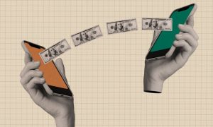 Cash Flows from One Cell Phone to Another Held By Collage Hands