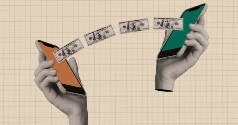 Cash Flows from One Cell Phone to Another Held By Collage Hands