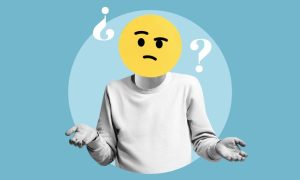 Man with Concerned Emoji Face and Question Marks Collage Image