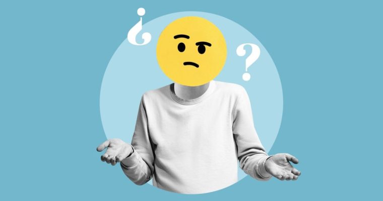 Man with Concerned Emoji Face and Question Marks Collage Image