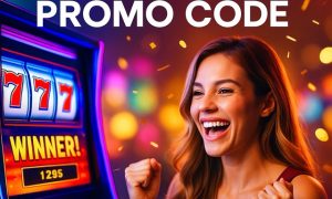 A young woman smiling as she celebrates a win at a brightly lit slot machine, with colorful casino lights and coins in the background. The text “DARA CASINO PROMO CODE” appears in bold uppercase letters across the image.