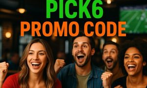 Four young adults cheer excitedly while watching a football game in a lively bar, with bright text above them reading “DraftKings Pick6 Promo Code.”