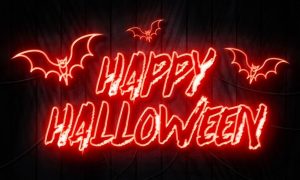 Electric Red Neon Says Happy Halloween with Bats