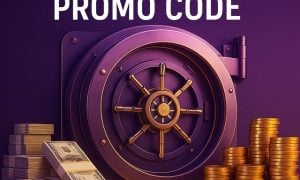 Grand Vault Casino promo image featuring a purple and gold bank vault surrounded by stacks of money and gold coins, with centered text reading “Grand Vault Casino Promo Code.”