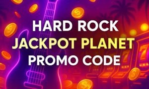 Vibrant digital artwork with a glowing electric guitar silhouette surrounded by gold coins, slot reels, and palm trees under purple and pink lighting. Overlay text reads “Hard Rock Jackpot Planet Promo Code.”