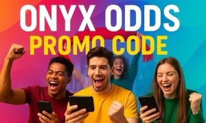 Fans cheering and celebrating while looking at their phones beneath bold text that reads “Onyx Odds Promo Code” on a bright multicolor background.