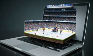 3D Pop Out of Hockey Game Inside Stadium Displayed on Laptop
