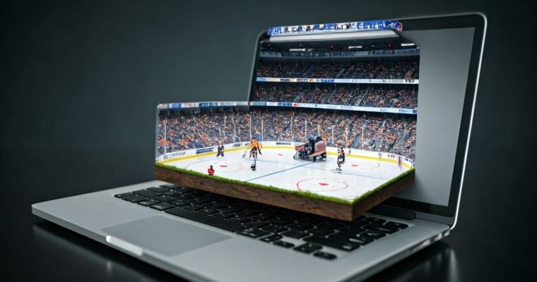3D Pop Out of Hockey Game Inside Stadium Displayed on Laptop