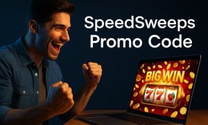 Person smiling while playing an online slot game on a laptop, with bright gold coins and confetti surrounding the screen. Overlay text reads “SpeedSweeps Promo Code.”